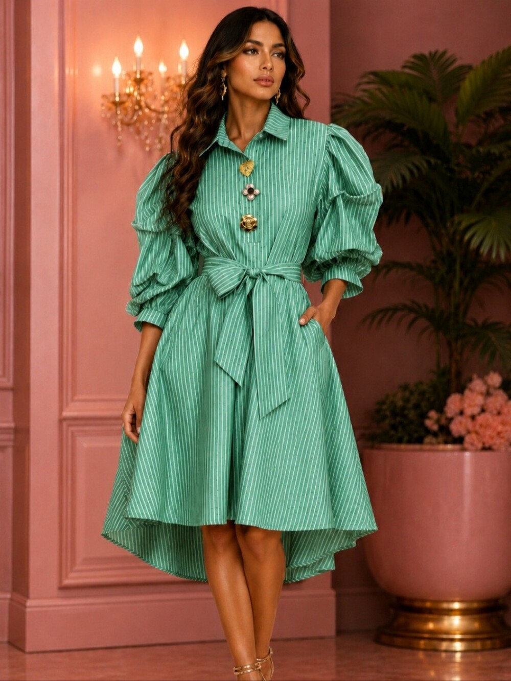 Elegant Green Striped Tie-Waist Shirt Dress